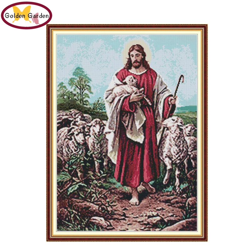 

GG Good Shephard Painting Cross Stitch 11CT 14CT Joy Sunday Kit Art Deco Embroidery Needlework Set Cross Stitch for Home Decor