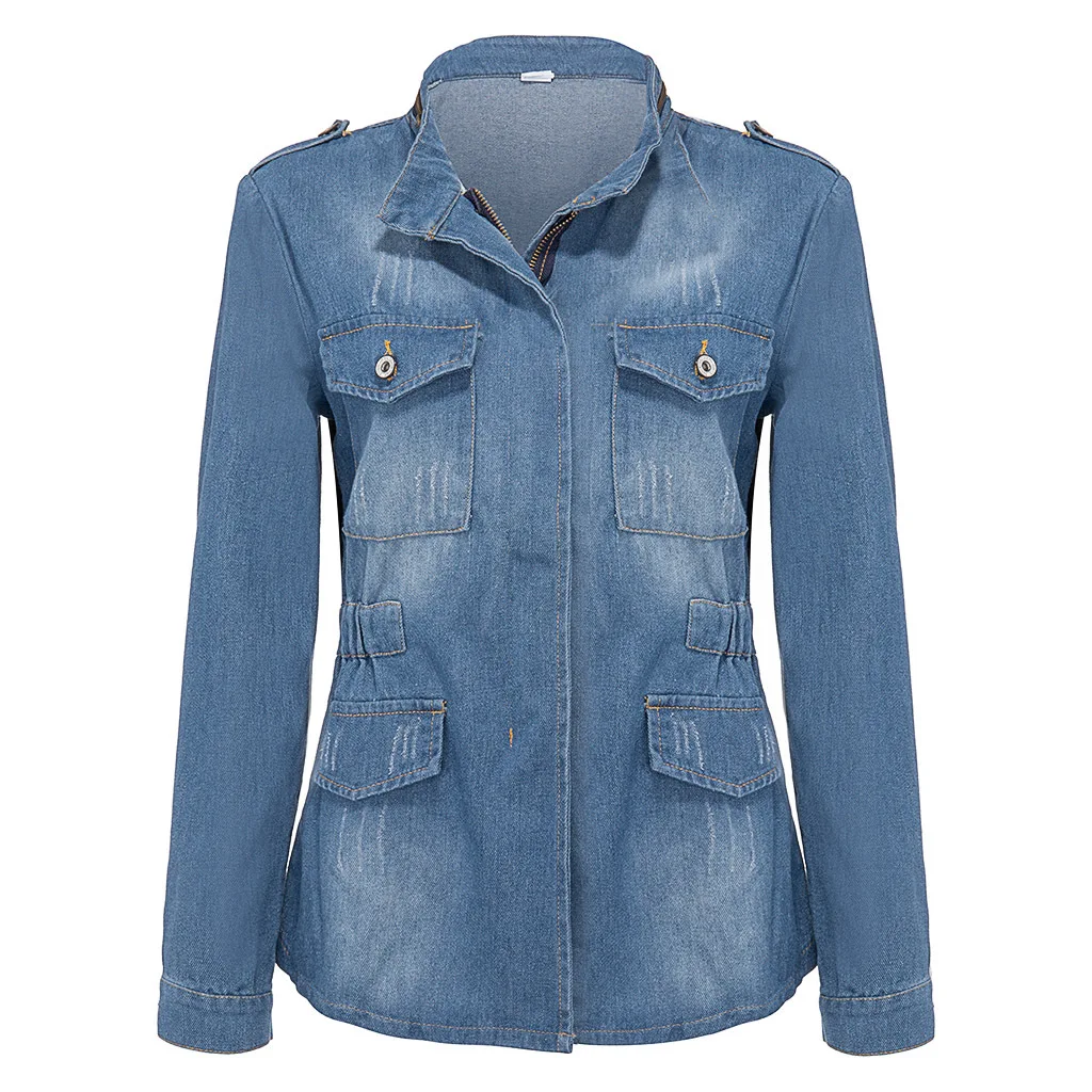 

Women's Spring and Autumn Denim Jacket Women's loose jacket casual style waist long zip trench coat