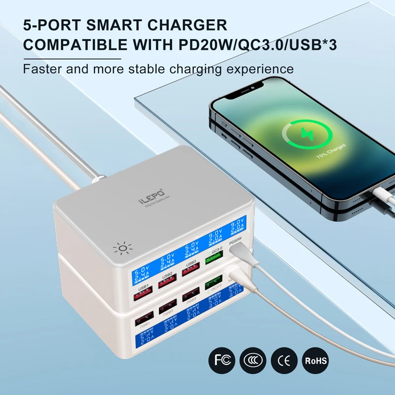 

65W Multi USB Charger PD 20W QC 3.0 Quick Charging Charger Fast USB C Charger for iPhone 15 14 13 12 Pro Max Xiaomi Huawei iPad