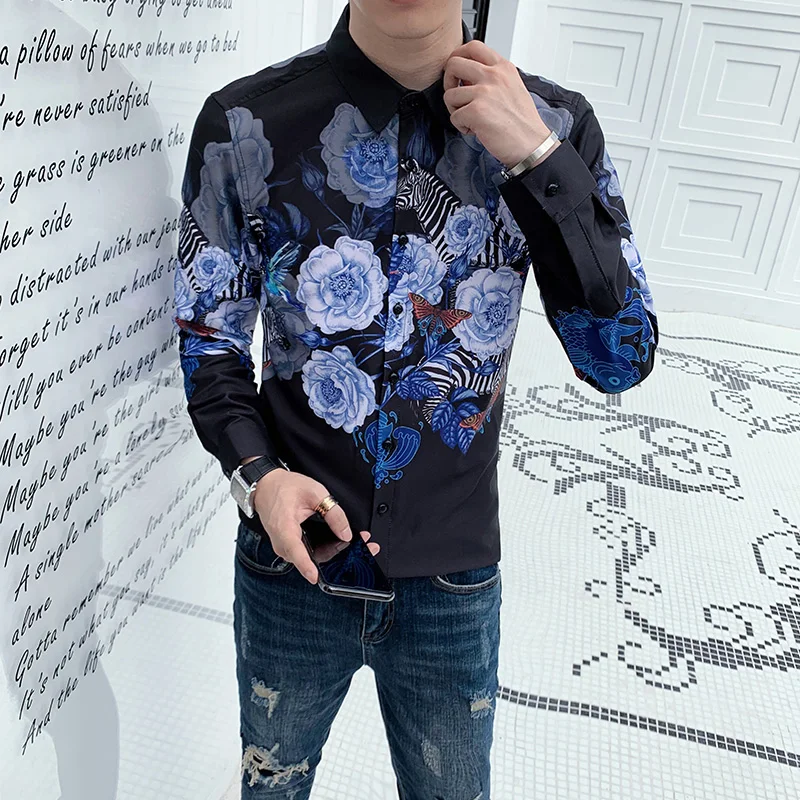 

Loldeal Men Long Sleeve Shirt Fashion Floral Batik Soft Polyester Slim Fit