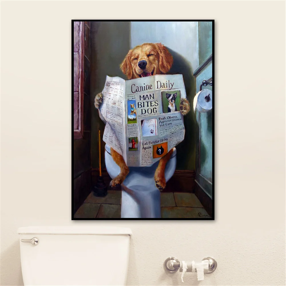

Wall Art Canvas Painting Cute Prints Bathroom Room Decor Prints Funny Dog Toilet Reading Paper Home Decoration Nordic Canvas Art