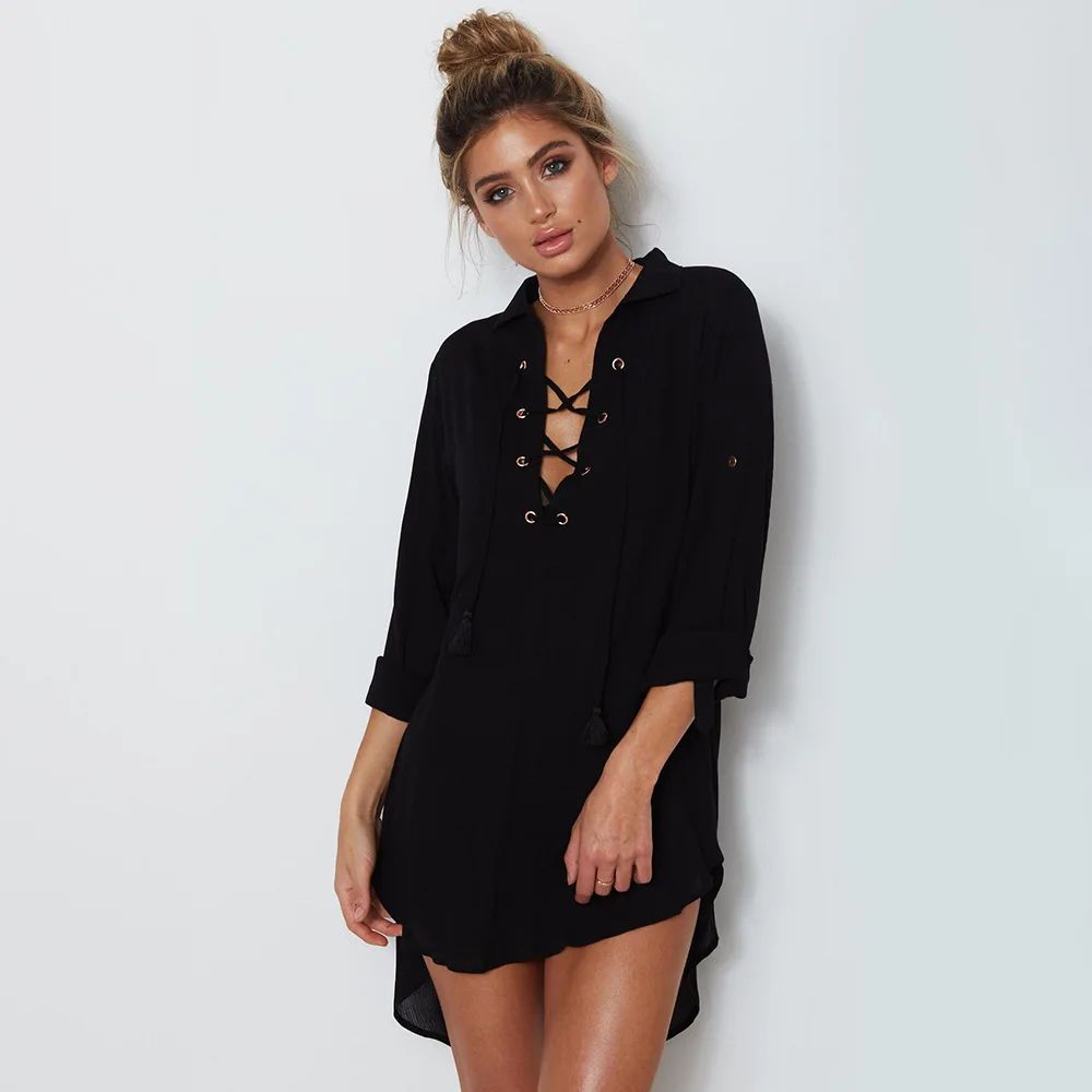 Летнее сексуальное пляжное мини платье для женщин с длинным пышным рукавом