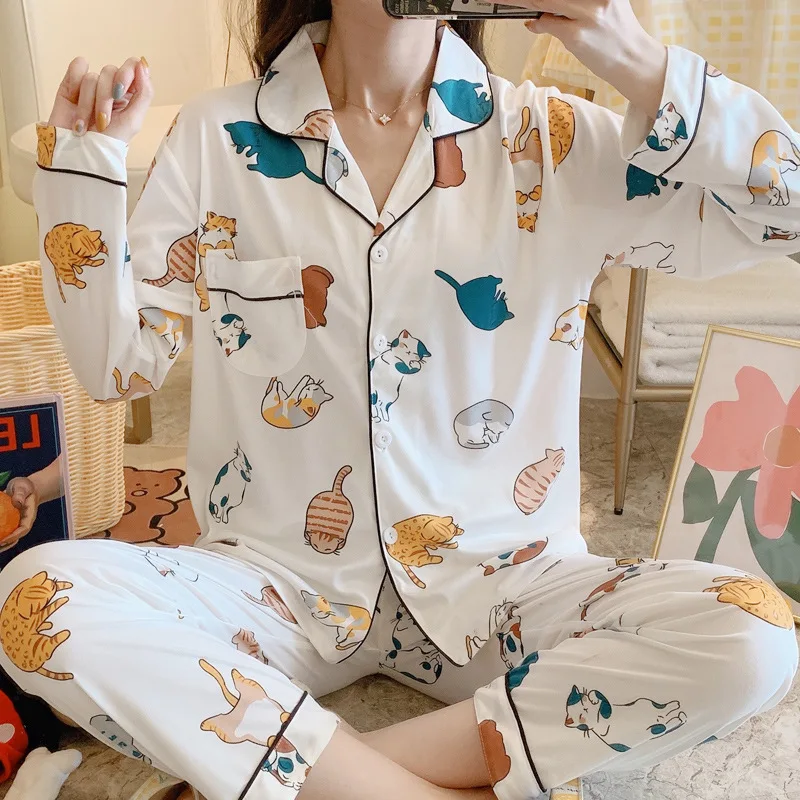 

Fashion Pajama Set Women Autumn Long-sleeved Trousers Milk Silk Cartoon Pajamas Suit Sleepwear Thin Section Ladies Home Service
