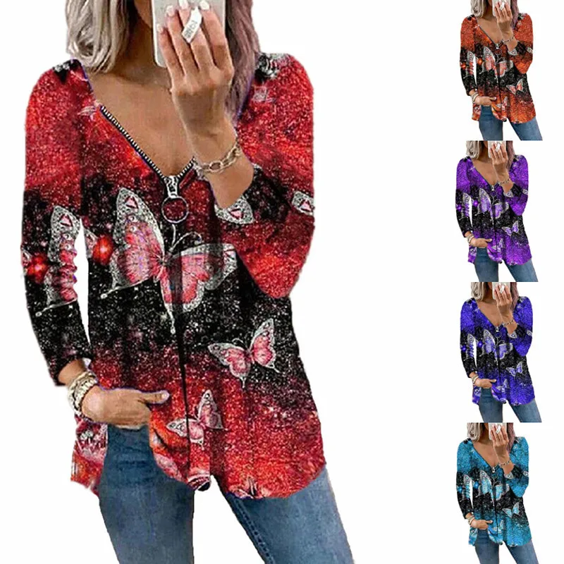 

Autumn Butterfly Print Long-sleeved Top New Zipper V-neck T-shirt Fashion Loose Plus Size Ladies Slim Top