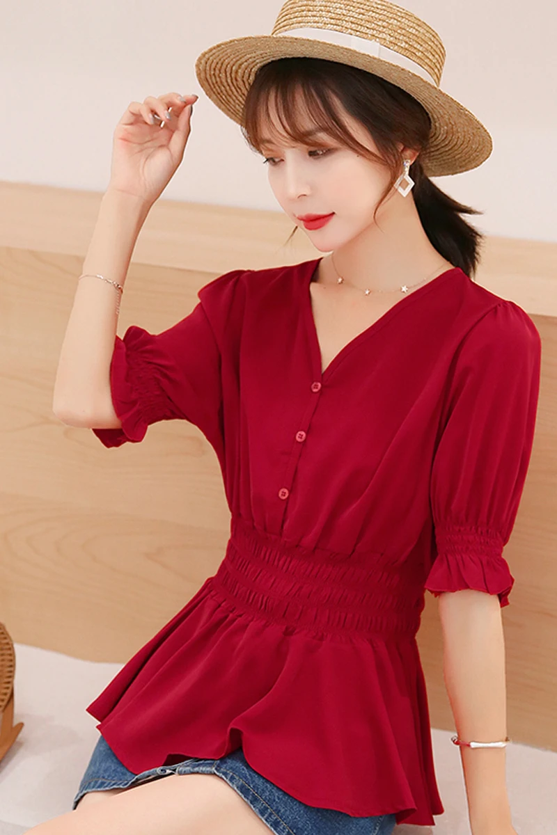 

Red Short Sleeved T-shirt Women's Summer Wear 2021 New Fashionable Short Slim Top Female Clothes Spring Chiffon Bottoming Shirt