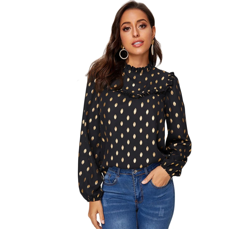 SHEIN черная блузка с оборкой и рукавом-фонариком, с золотым принтом в горошек, женская блузка, весенний сезон осень, со стоячим воротником, элегантные офисные женские блузки