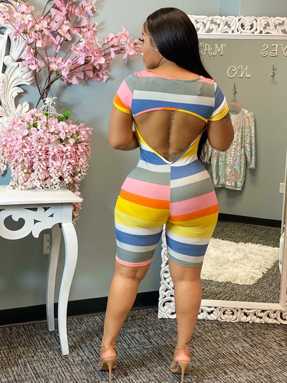 

Donsignet Skinny Playsuit Fashion Women's Jumpsuit 2021 Summer New Striped Print Sexy Backless Tight Round Neck Jumpsuit Woman