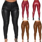 Женские пикантные эластичные облегающие брюки из искусственной кожи, однотонные леггинсы со средней посадкой, облегающие брюки с имитацией молнии и карманами