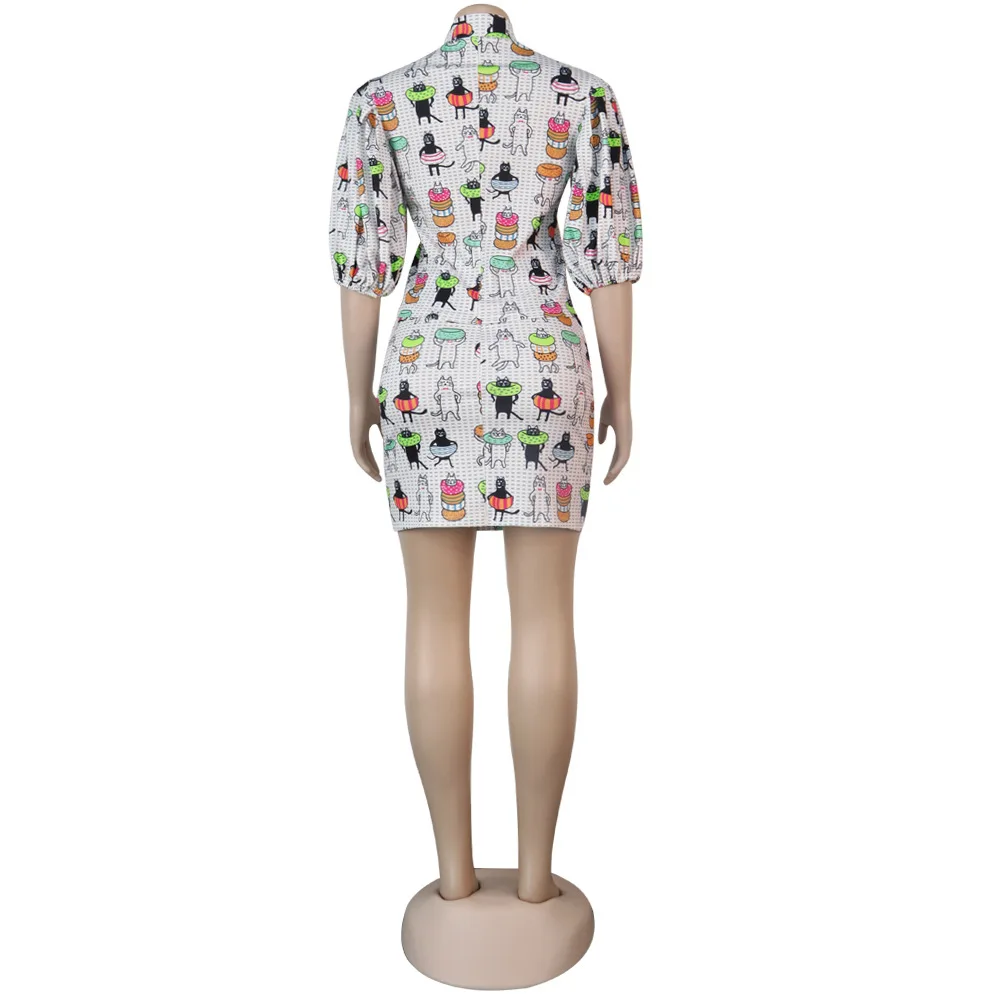 

2020 new cartoon print women's suit fashion slim fit high neck bubble sleeve T-shirt and skirt 2-piece set