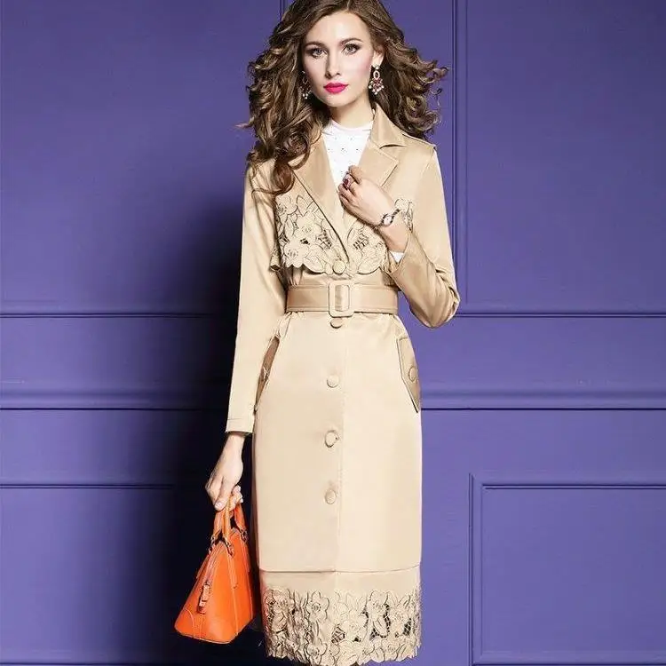 

2021 Spring and Autumn Hollow Embroidered Lace-up Trench Coat Long Sleeve Single Breasted Blazer Jacket Women
