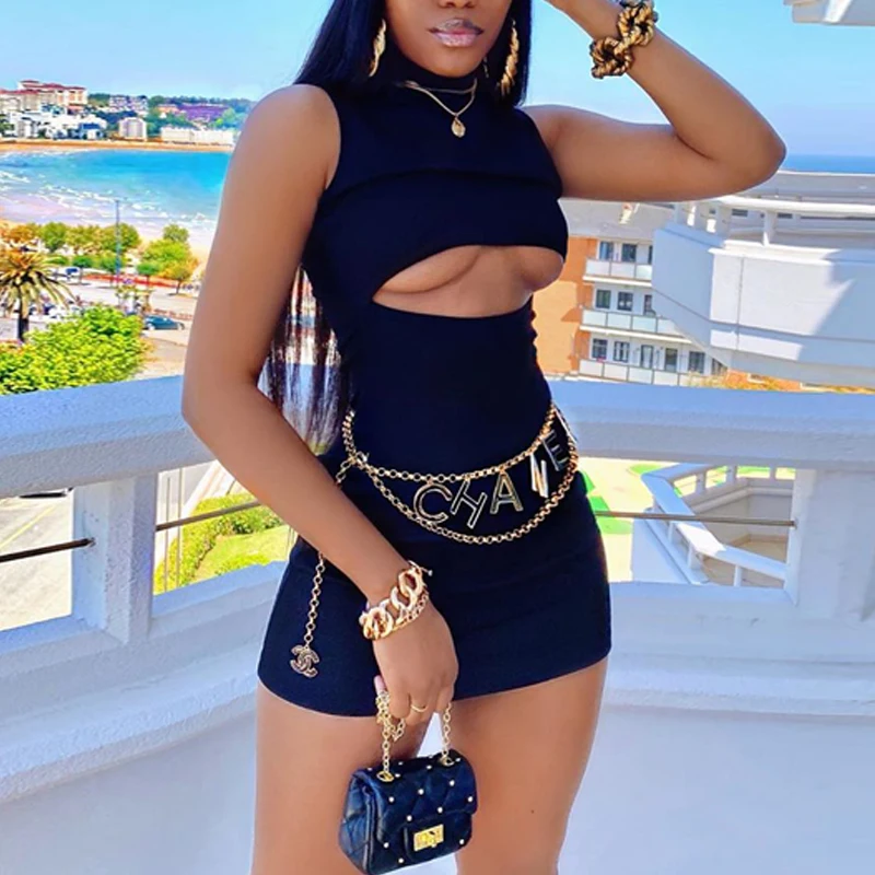 

Sexy Summer Bodycon Black Dress Women 2021 Party Club Short Pencil Dress Hollow Out Ribbed Sleeveless Mini Wrap Dresses Vestidos
