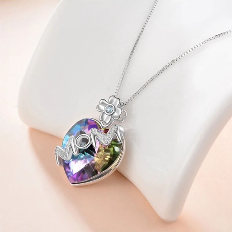 

Hot Sale Love Heart Flower Chain Pendant Necklace Lettering MOM Crystal Necklace For Women Birthday Gift Mother's Day Best Gift
