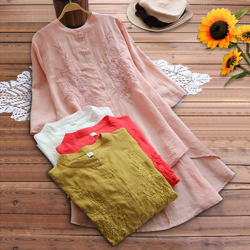 

Women M-5xl Plus Size Embroidered Dress Women Ladies Fashion Solid O-neck Casual Half Sleeve Cotton Linen Summer Dress Vestidos