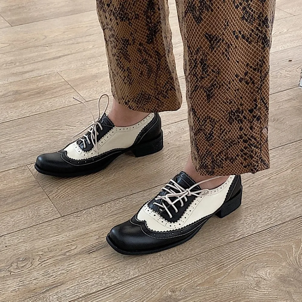

Hot Sale Womens Square Toe Retro Vintage Oxfords Low Heel Genuine Leather Carved Wingtip Cuba Brogue Shoes Lace Up British