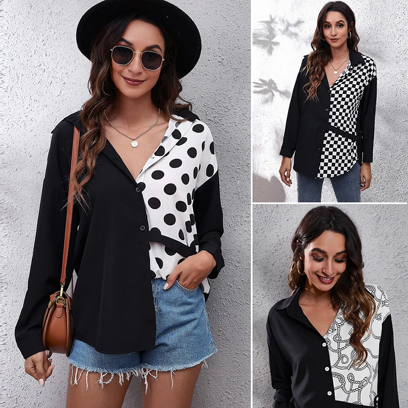 

WOHUADI Women Chiffon Shirt Blouses Polka Dot/Chain/Plaid Patchwork Long Sleeve Casual Turn-down Collar OL Office Lady Blouses