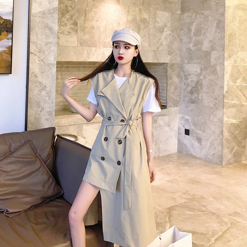 Осень 2020 Новый асимметричный плащ без рукавов в британском стиле Женский Длинный