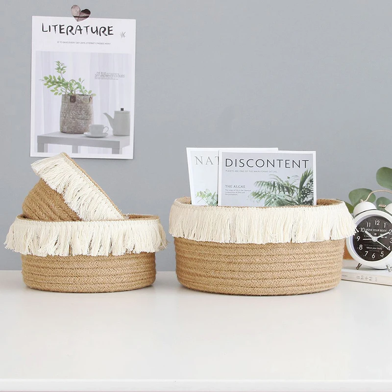 

Tassel Storage Basket Nordic Home Desktop Sundries Toys Organizer Foldable Handmade Jute Woven Baskets Stationery Container
