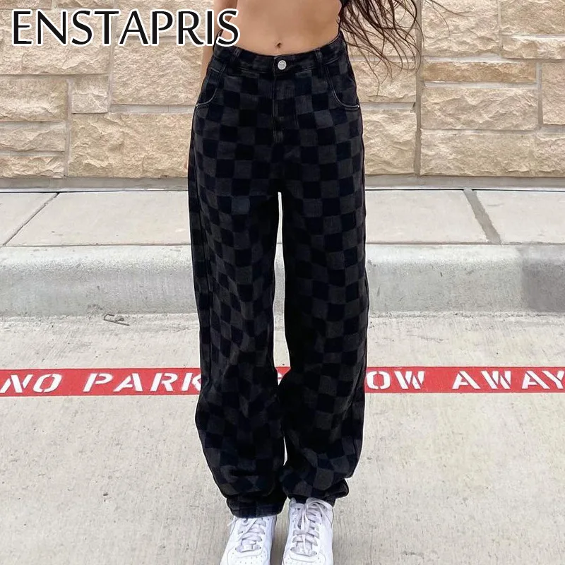 

Женские брюки-оверсайз в клетку, черные прямые штаны в клетку, свободные штаны для бега, уличная одежда, 2021