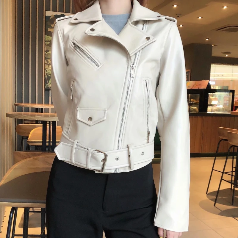 

Women ZA Autumn Winter Solid Color Faux Leather Short Bike Jacket Female Casacos Chic Lady Casual Zipper Sashes Top