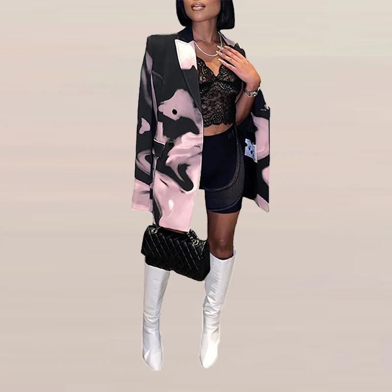 

New Single-Breasted Tie-dye Gradient Printing Jacket Lady Fashion Long Sleeved Coats Autumn Casual Women Office Commuter Outwear