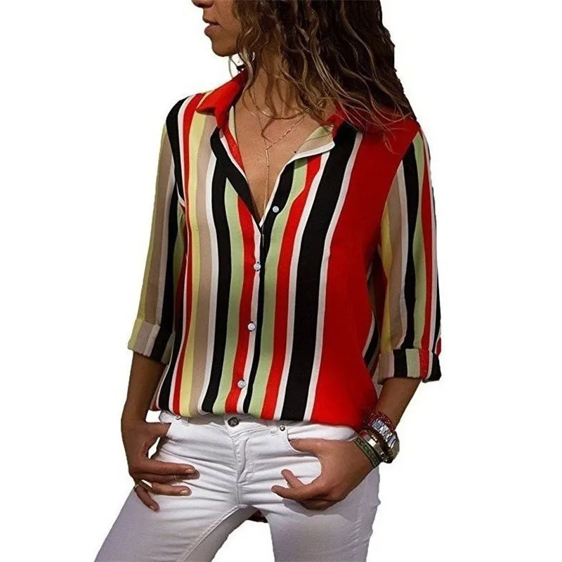 

2021 Women's Spring Chiffon Blouses Shirt girl Tops fashion Striped V-neck long Sleeve Casual Loose Blouse Plus Size 3XL