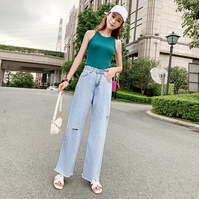 

TongSiHai Jeans Women Ladies Light Blue High Waist Ripped Wide Leg Denim Pants Girls Casual Straight Streetwear Vaqueros Mujer