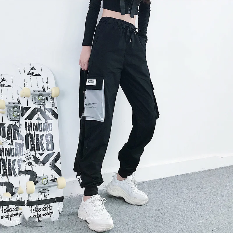 

Black Big Pocket Cargo Pocket Women Casual Loose Harem Pants For Women Black High Waist Trousers Sweat Pants