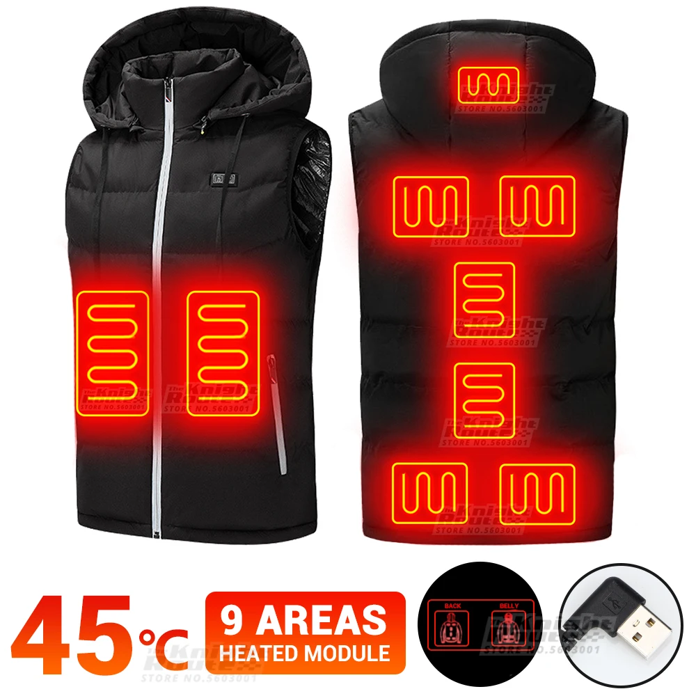 

9 Areas Men USB Heating Jacket Hetaed Vest Ski Warm Vest Winter Motorcycle Down Jacket Thermal Moto Motorbike Hunting Clothing