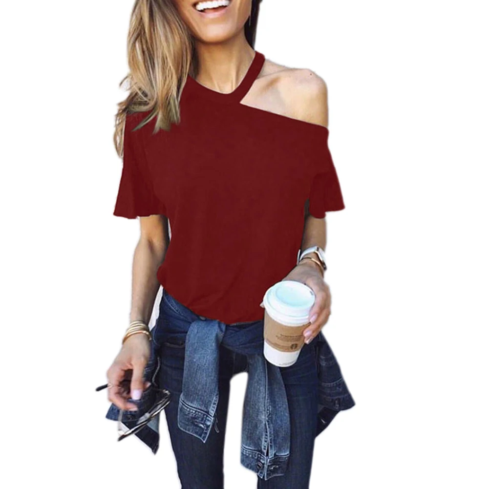 Сексуальная Женская футболка с одним плечом однотонные свободные летние
