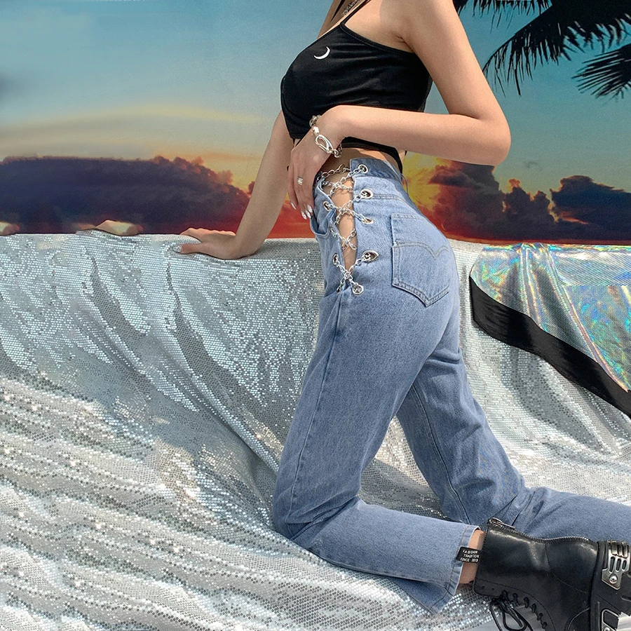 

Sylcue Harajuku high waist hollow out Chain design Slim jeans woman leisure streetwear soft commute high quality strgight pants