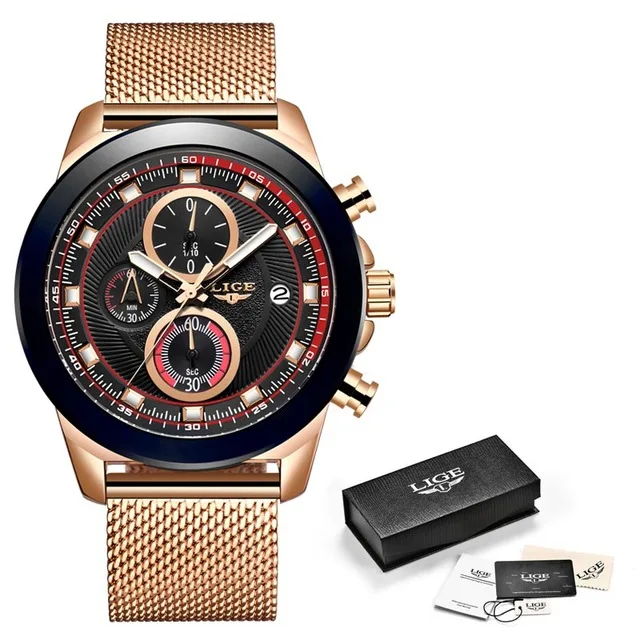 M rose gold black Relogio Masculino Для мужчин s часы lige top бренд Роскошные спортивные часы Для мужчин Повседневное Модные кварцевые часы с кожанным ремешком Водонепроницаемый часы - Цвет: M rose gold black