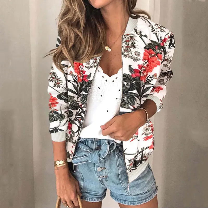 

2020 Autumn Women's Bomber Jacket Zipper Floral Jacket Ladies Bomber Jacket Women Long Sleeve Spring Leopard Coat Women