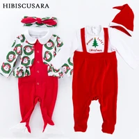 cute baby rompers christmas infant boy girl santa clothes jumpsuit toddler xmas clothing fake two pieces romper headband hat set