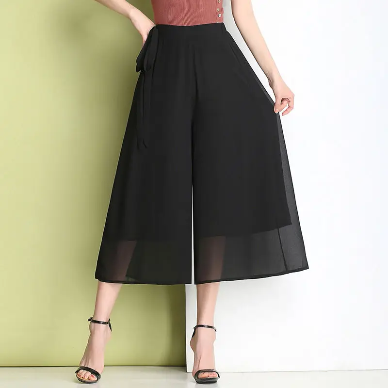 

2020 New Ice Slik Chiffon Wide Leg Pants Women's Summer High Waist Loose Fake Two Pieces Skirt Thin Casual Female Beach Trousers