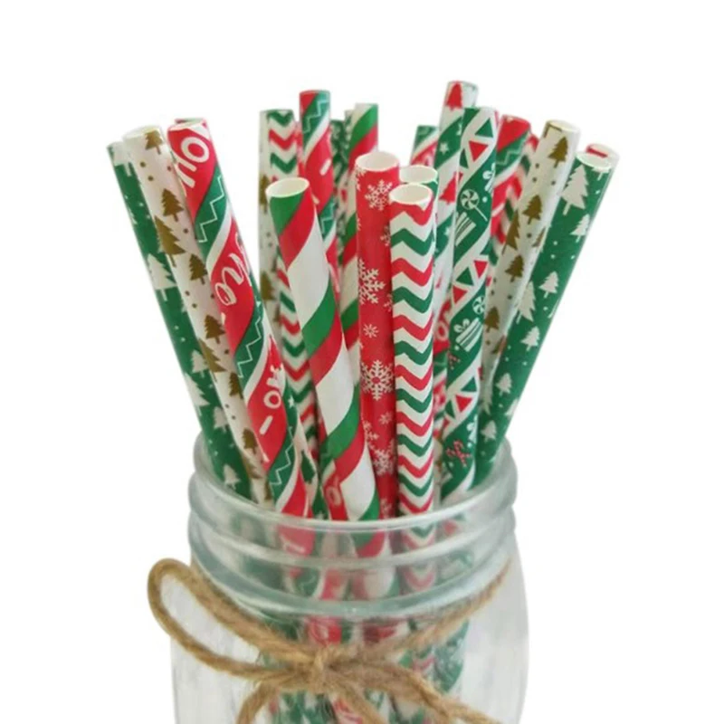 

25pcs/pack Disposable Christmas Paper Straws Snowflake Drinking Straw Christmas Decorations Home Xmas New Year Party Supplies