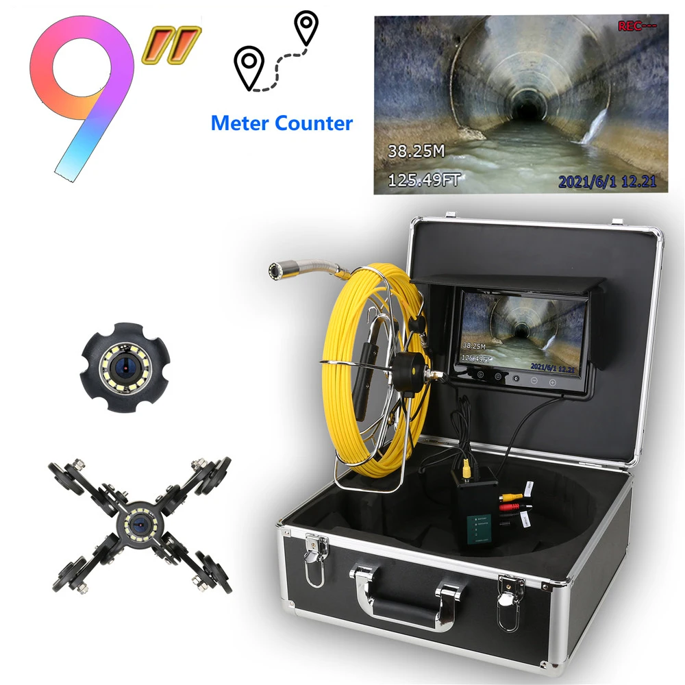 

30M 50M Cable with Meter Counter Sewer Pipe Inspection Camera, Drain Sewer Pipeline Industrial Endoscope, 9" LCD Color Monitor