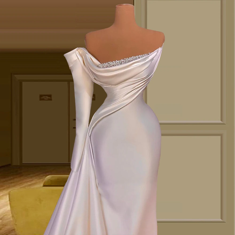 

Шикарное современное свадебное платье с одним рукавом, атласное прямое белое платье для невесты, 2021