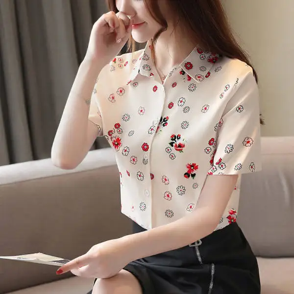

Chiffon Loose Women's Blouse New Fashion Blouses Printing Polo-collar Shirts Casual Short Sleeve Blusas Summer Houthion