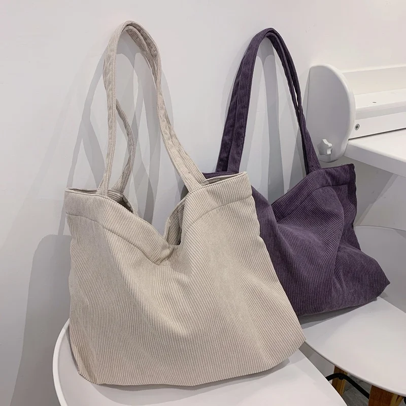 

2021 Corduroy Bag for Women Shopper Canvas Shoulder Tote Bag Zipper Environmental Storage Large Capacity Winter Designer Handbag