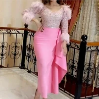 elegant pink straight evening dress for women girls feather long sleeves top bling sequins short tea length prom party dresses