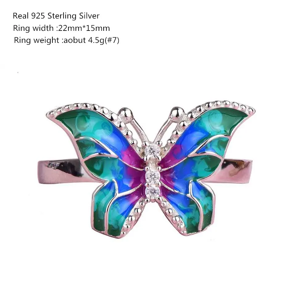 Реальные 925 стерлингового серебра палец кольцо красочные красивая бабочка эмаль