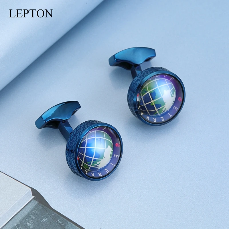 Lepton Globe Earth Cufflinks Blue Colors Stainless steel Rotatable globe planet earth World Map Cuff links Wedding For Mens