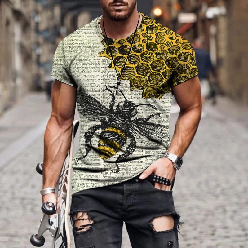 

Funny Bee 3d Printing Summer Men's T-shirt Street Personality Round Neck Short-sleeved Genderless Hip-hop Shirt Male T-shirt