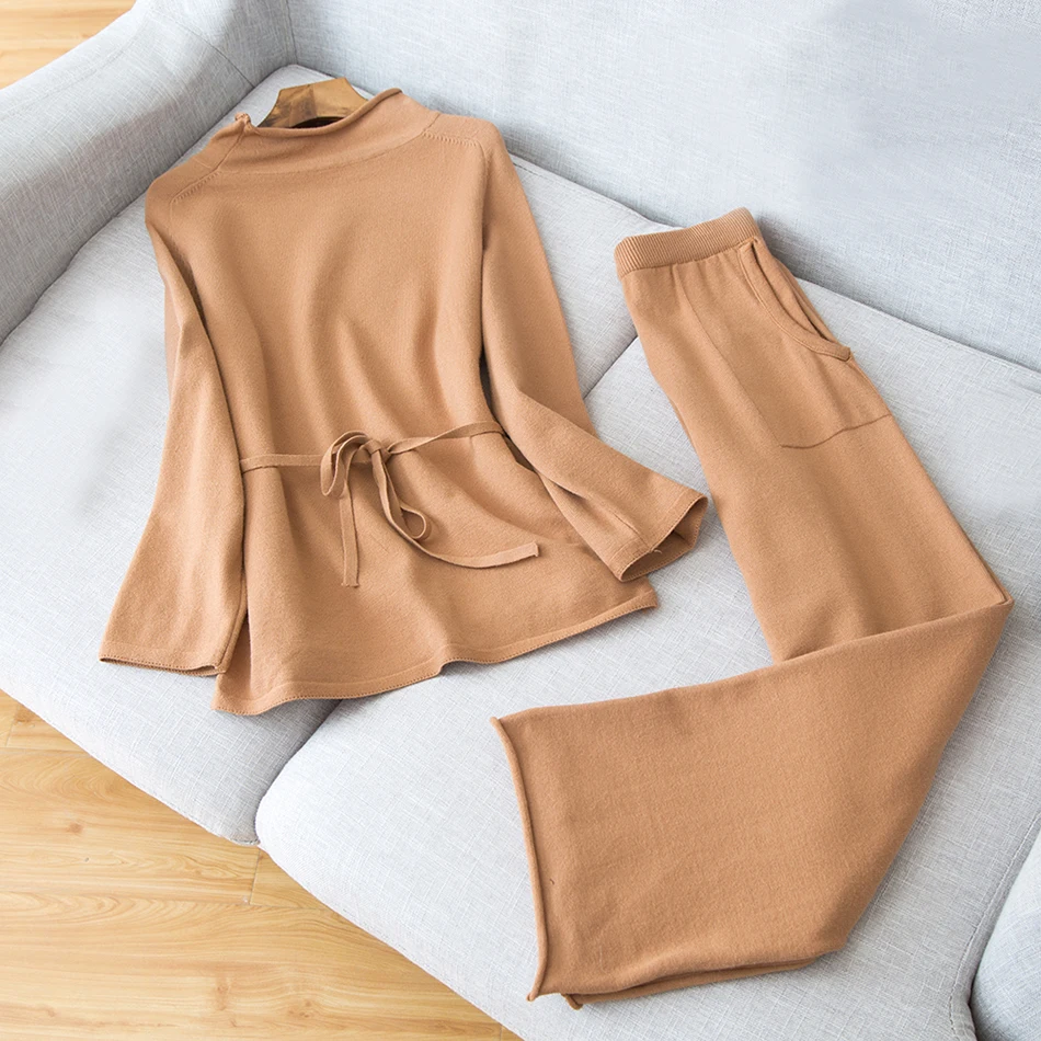 

Two Piece Suits Elegant 2 Piece Sets Winter Wide Leg Pants Sweater Suit Women Long Sleeve Casual Trousers Set Ropa De Mujer