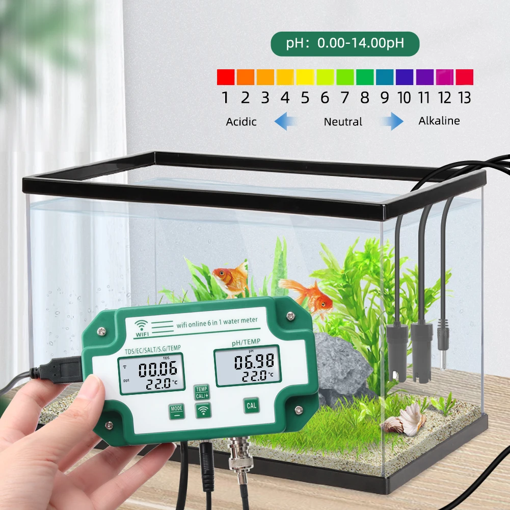 Цифровой Wi-Fi PH EC TDS измеритель соли S.G. Тестер качества воды 6-в-1