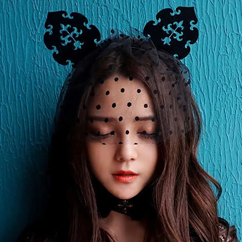 

NiceMixWomen Girls Cute Cat Ear Headband Black Polka Dot Veil Hair Hoop Festival Decor