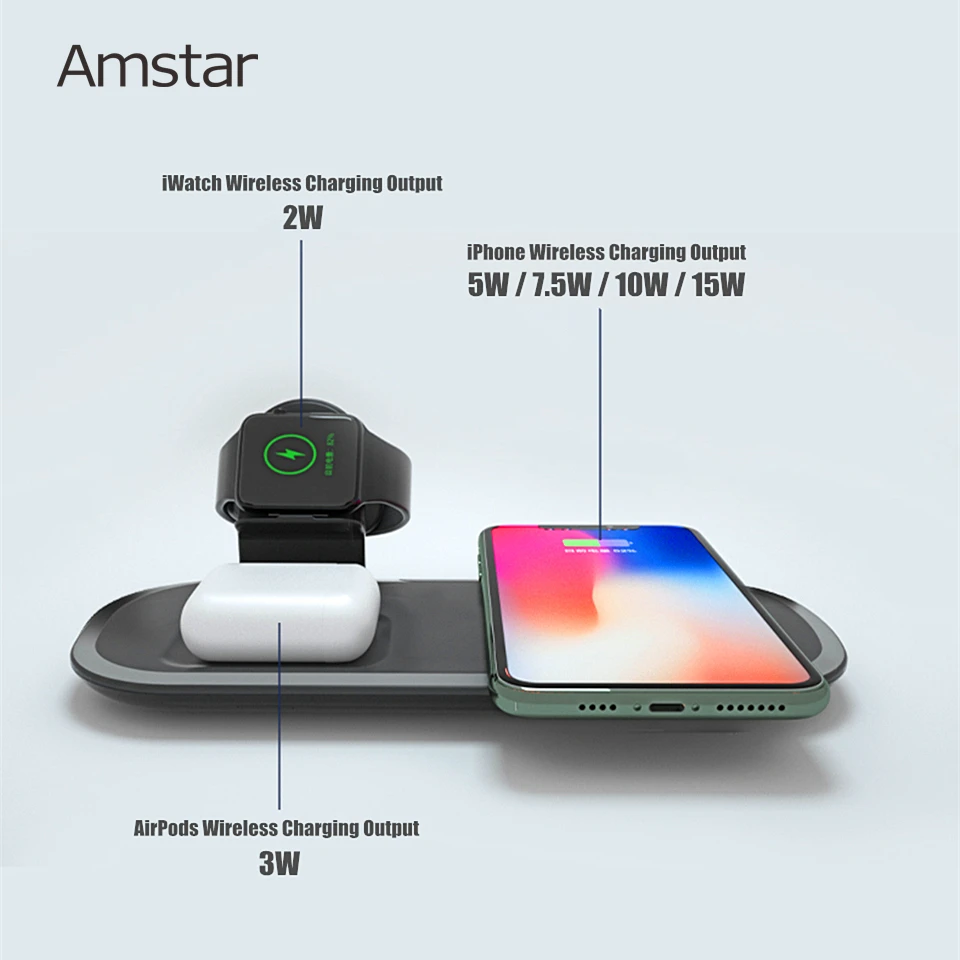 Беспроводное зарядное устройство Amstar Qi 3 в 1 15 Вт быстрая зарядка для iPhone 12 11 Pro Max X