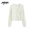 MJstyle 2021 зимний женский винтажный элегантный тонкий белый свитер с V-образным вырезом и жемчужными пуговицами французская уличная мода 821190028