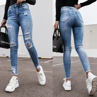 summer street hipster ladies wash water holes slim slimming denim fashion trend mid waist and small foot womens trousers ws13
