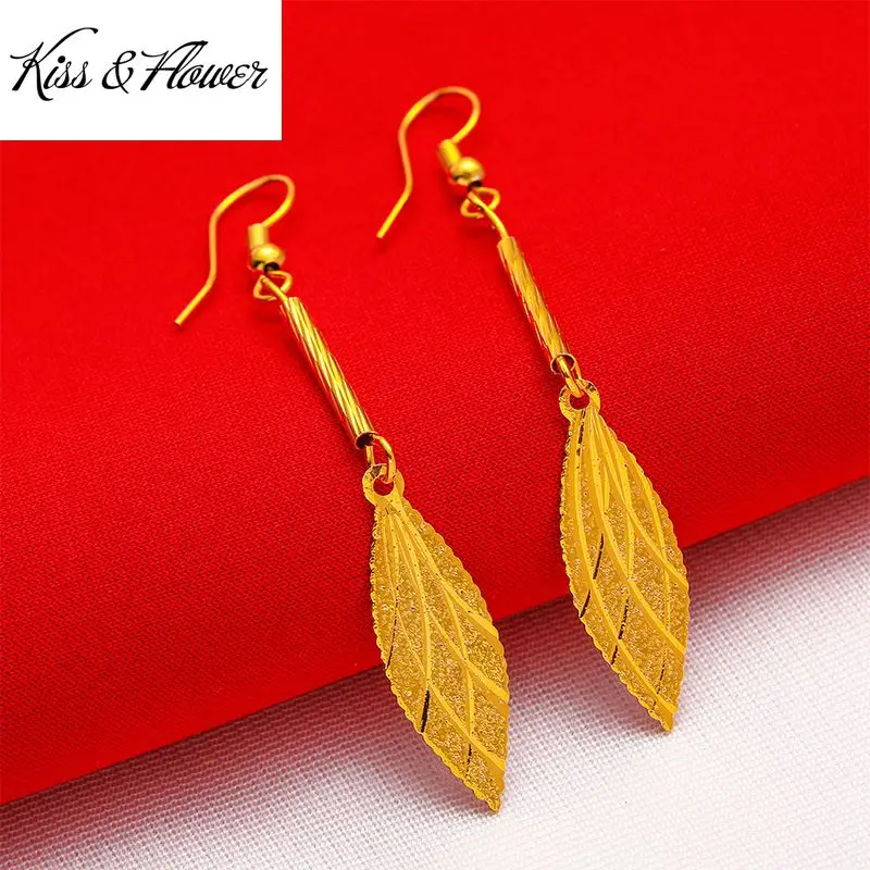 

KISS&FLOWER ER47 2022 Fine Jewelry Wholesale Fashion Woman Girl Birthday Wedding Gift Vintage Leaf Tassel 24KT Gold Drop Earings